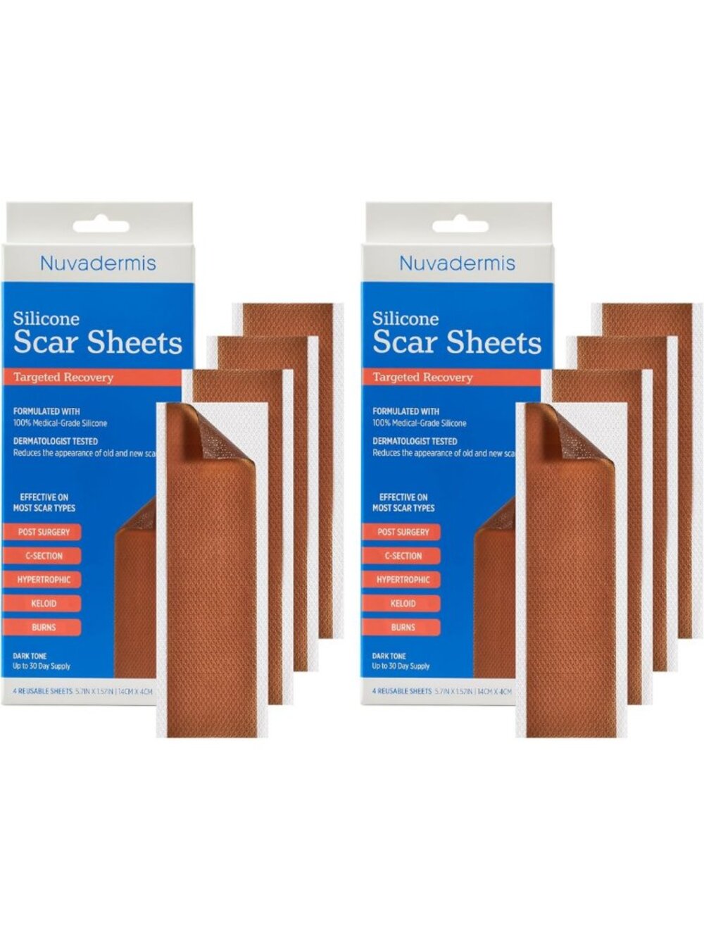 Extra Long Silicone Scar Sheets for C-Section, Tummy Tuck & Keloid - 2 Packs